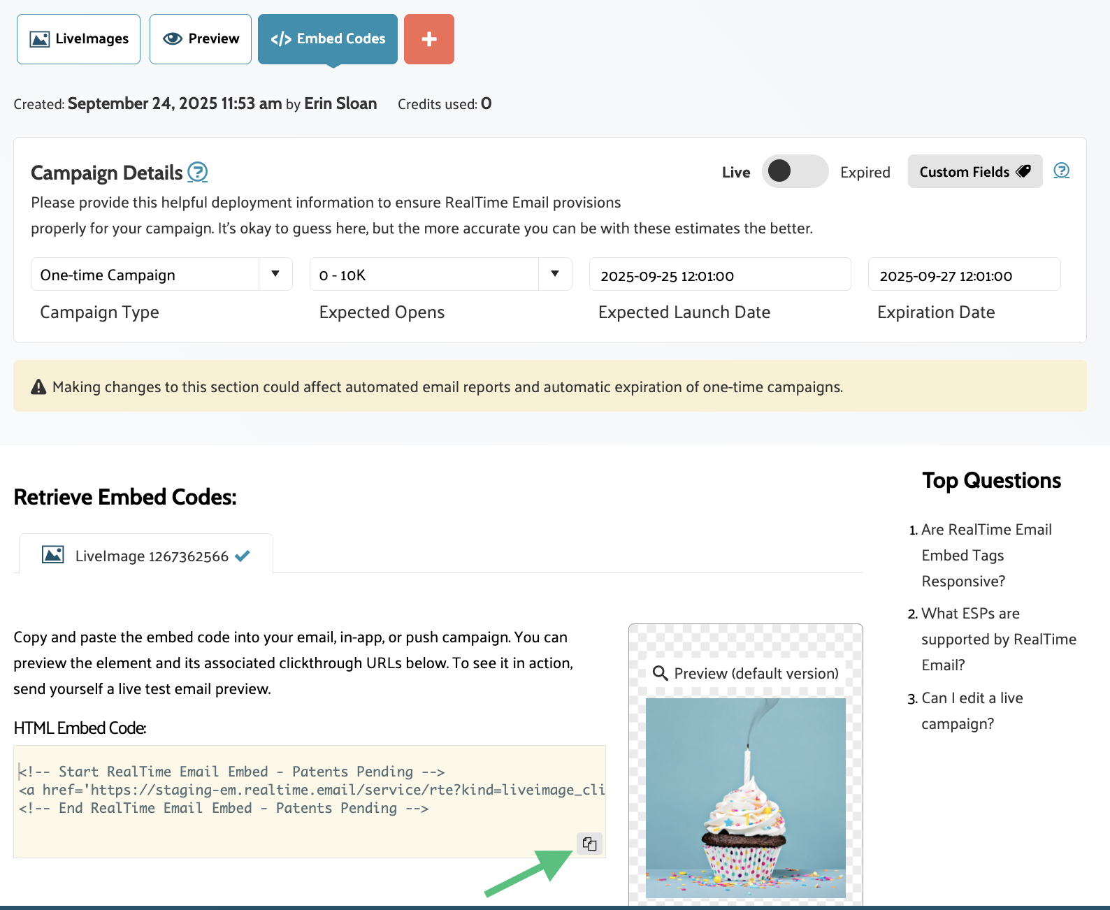 The email embed code page with the copy button highlighted